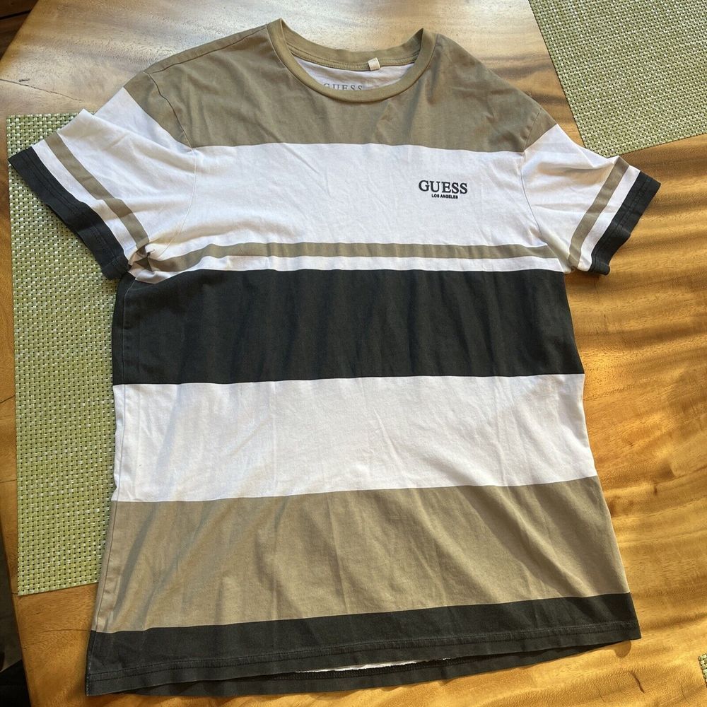 Guess: Los Angeles Patterned Tee Black Tan‎ Striped Color - Picture 1 of 4